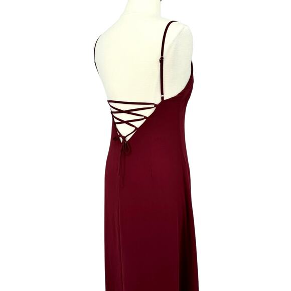NWT Lulus Ada Lace-Up Maxi Dress Size L Burgundy Babydoll Asymmetric Ruffle Hem - Picture 12 of 16